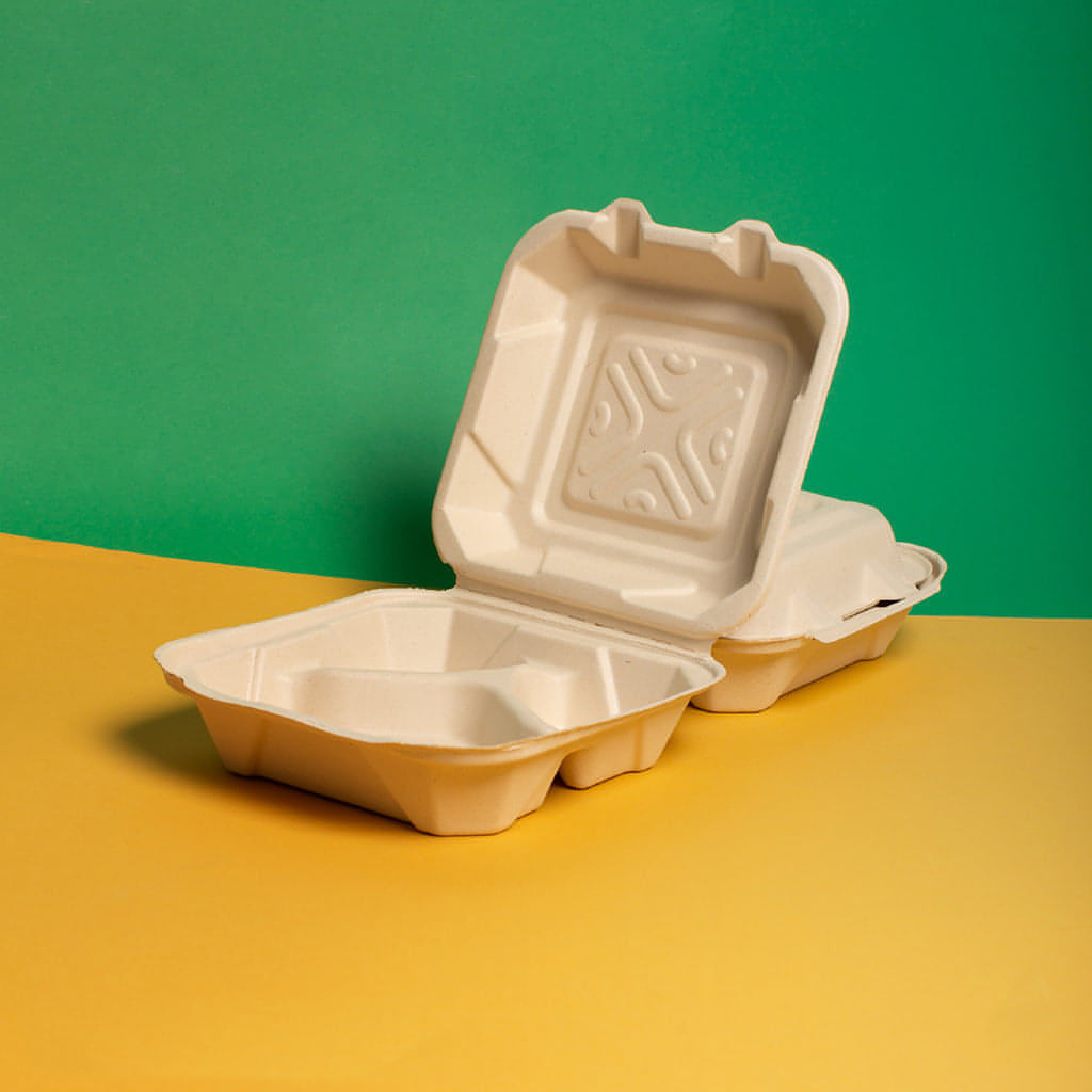 Contenedor Para Alimentos  Desechable y Biodegradable De 8x8x3 c/3 divisiones - We Care